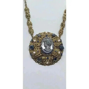 Vintage WEST GERMANY Filigree Black Cameo Necklace Faux Pearl rhinestones